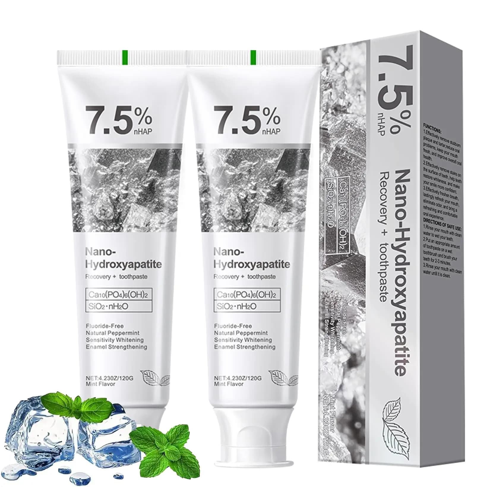 Dentifrice hydroxyapatite 7,5 % pour une protection avancée en émail, approprié aux dents sensibles, formule douce et efficace fraîche