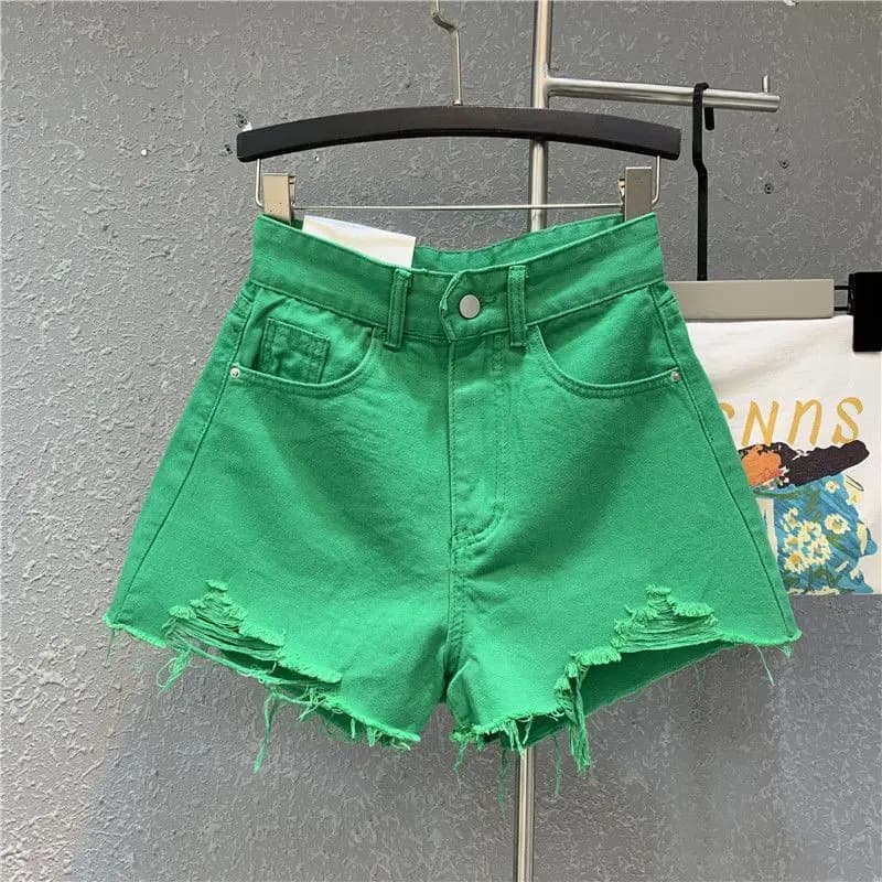 Shorts en jean taille haute style rétro de Hong Kong, couleur bonbon, pour femme, été, slim et déchirés avec bords bruts, jambes larges