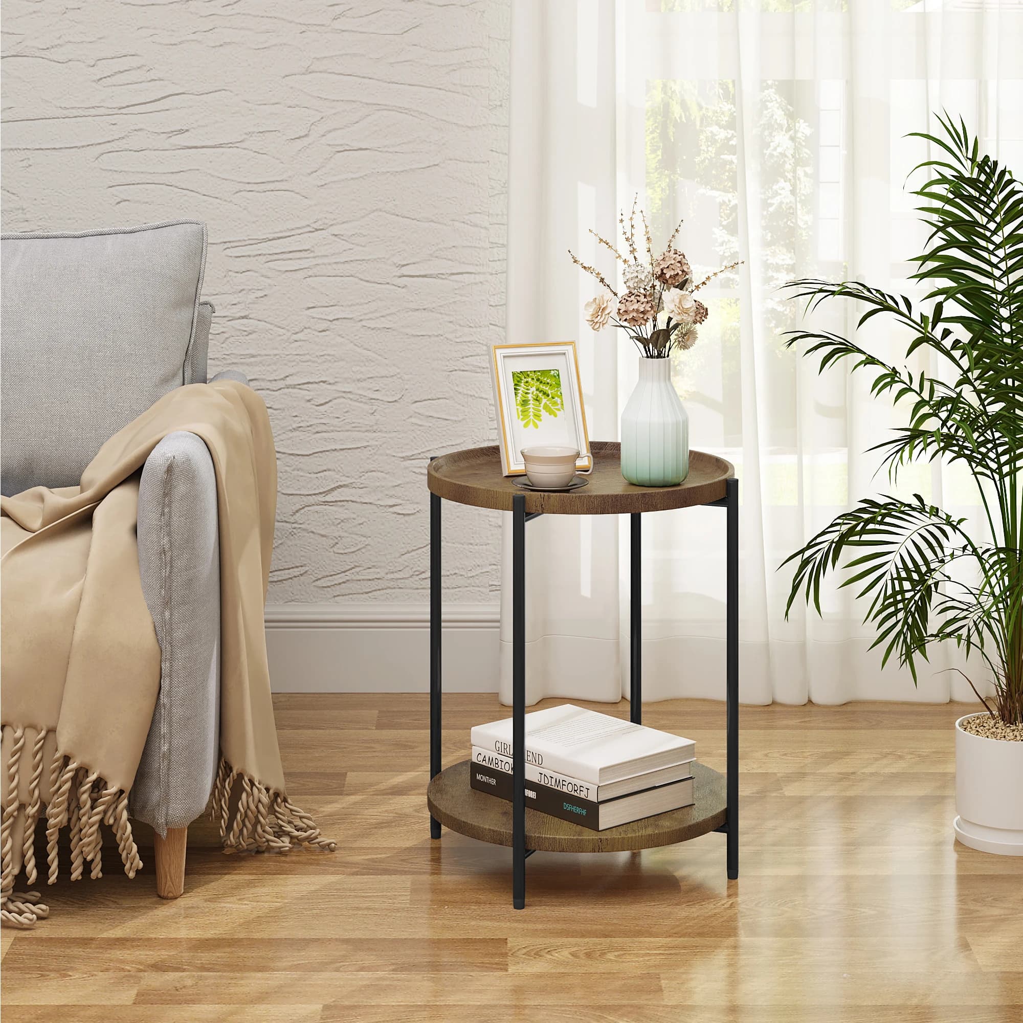 WOLTU – Table basse ronde avec 2 étagères, dessus de Table amovible, canapé, téléphone, Table de chevet pour salon, chambre à coucher