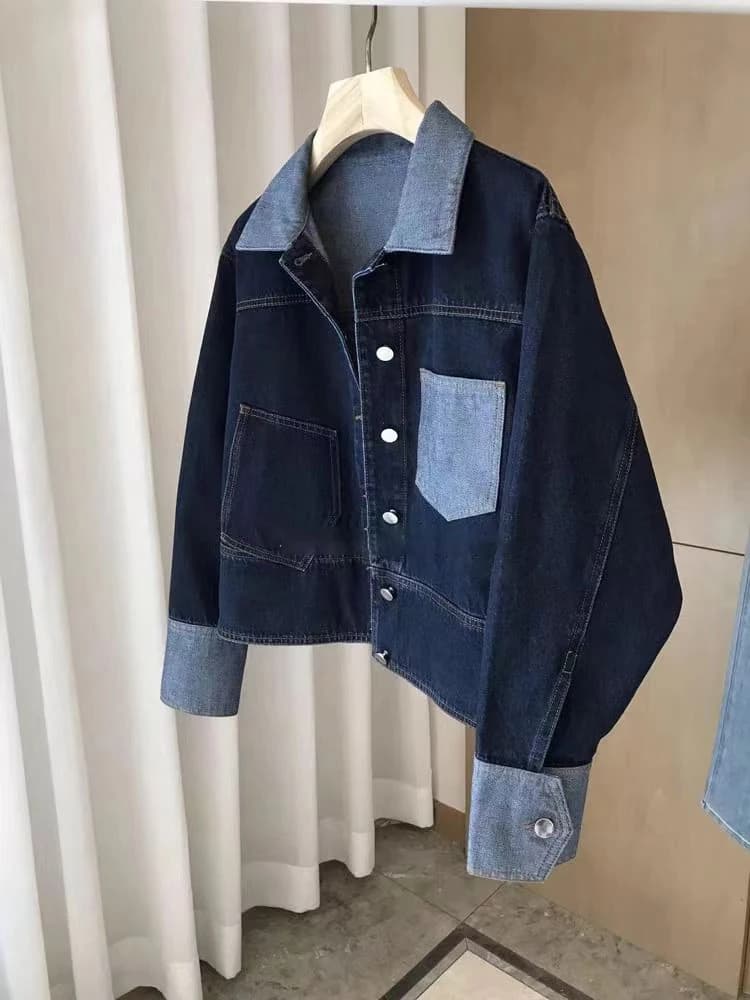 Veste en jean rétro pour femmes, couleur contrastée, manteaux amples à simple boutonnage, décontracté, polyvalent, haut court, nouvelle