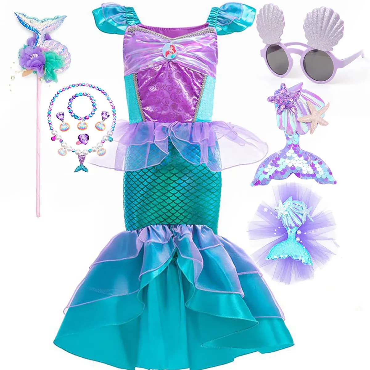 Costume de princesse Ariel de la petite sirène pour Halloween, robe pour filles, Cosplay, robe de sirène pour fête d'anniversaire, carnaval pour