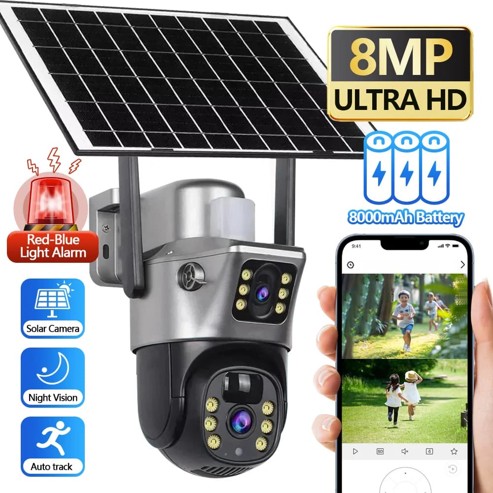 Caméra solaire WiFi 4G double objectif extérieur 8MP batterie faible puissance caméra IP PIR Vision nocturne 4K CCTV Protection de sécurité V380