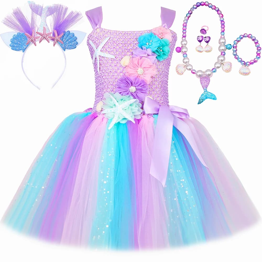Robe princesse sirène pour filles, fleurs Pastel, robes Tutu de fête d'anniversaire, Costume de petite sirène d'halloween, vêtements pour enfants