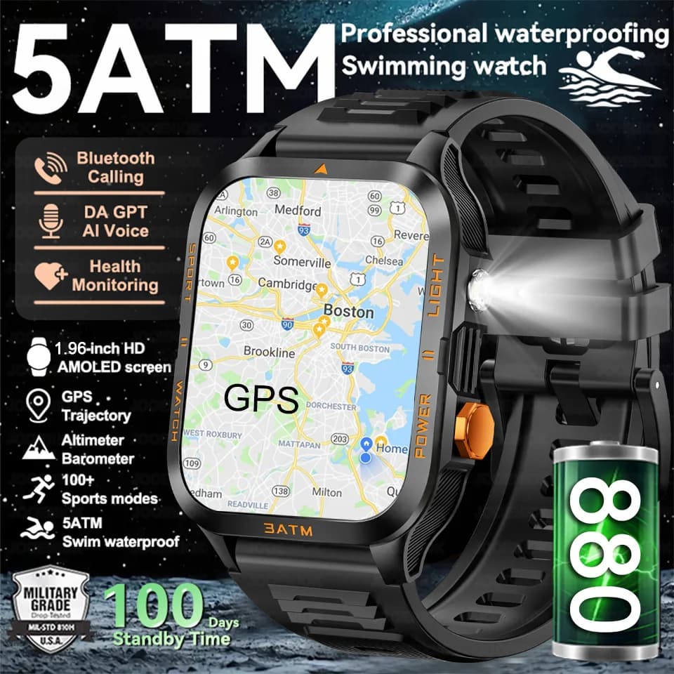 Montre connectée d'extérieur pour hommes, GPS, sport, batterie 800mAh, Bluetooth, appel, santé, écran 1.96 pouces, lampe de poche, étanche 3ATM