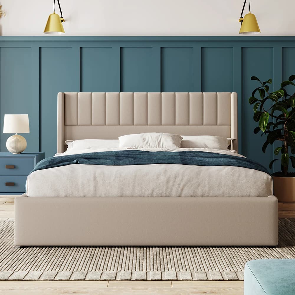 KOMHTOM Lit double hydraulique 180x200cm avec revêtement, sommier à lattes en bois et métal, lin, beige