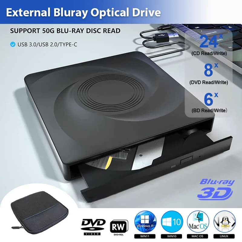 Lecteur Blu-ray externe pour ordinateur portable Windows 11 10 Mac BD/CD/DVD -/+RW, lecteurs optiques avec sac de rangement, lecteur de graveur DVD