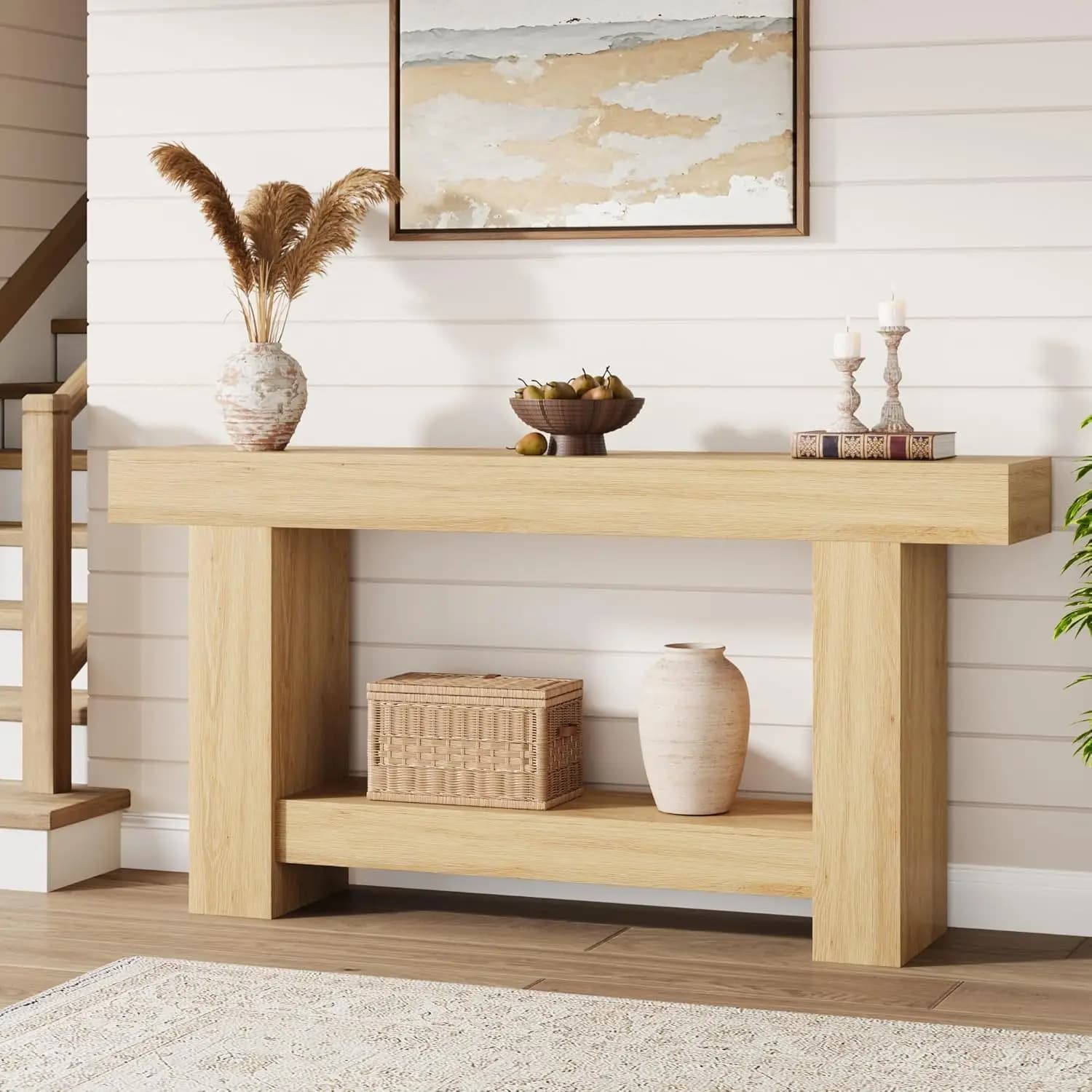 Table console en bois de ferme de 120cm/160cm de Long, grande Table de canapé à 2 niveaux avec rangement pour salon, entrée, couloir