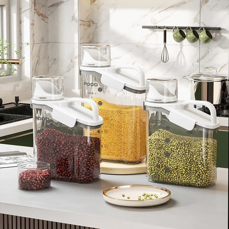 Pot hermétique anti-humidité pour céréales, nourriture pour animaux de compagnie, stockage portable avec échelle, pot de stockage alimentaire