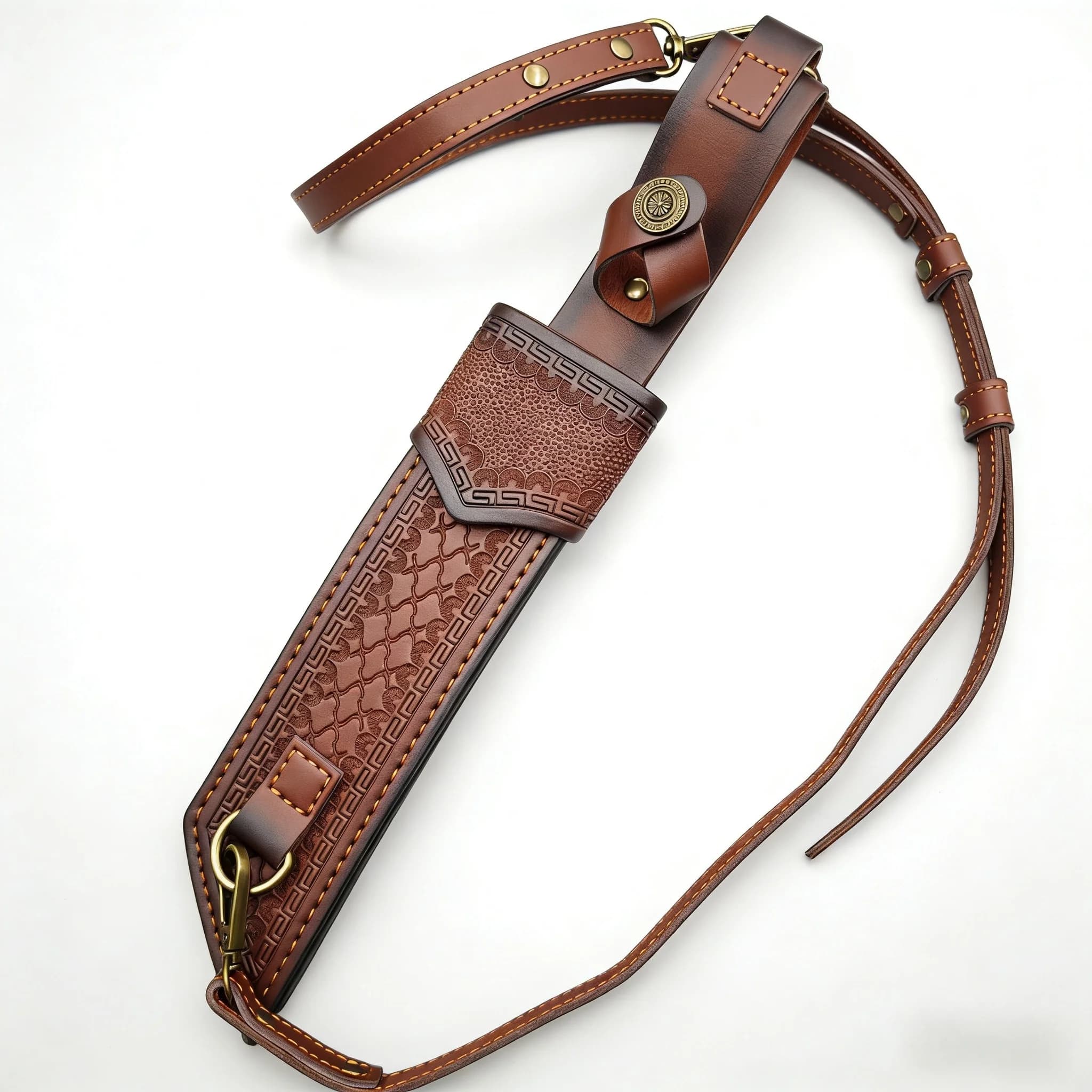 Bandoulière en cuir motif Meander Vintage, gaine de couteau, tactique d'extérieur, lame fixe, fourreau de protection réglable