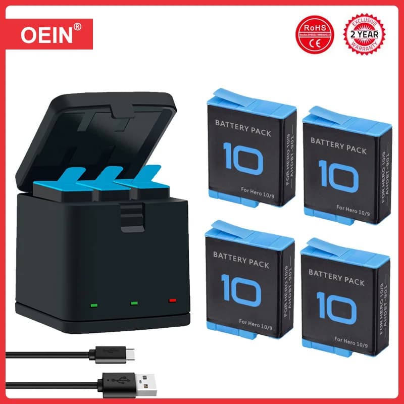Batterie 1800mAh pour GoPro hero 10 + chargeur LED à 3 emplacements avec Port type-c pour GoPro Hero 9 Go Pro 10 hero 11 caméras de Sport
