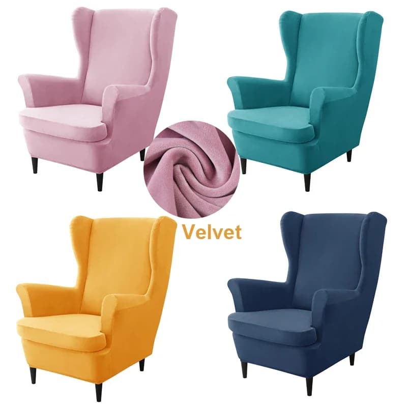 Housses de chaise à oreilles en velours, housse de fauteuil à ailes extensibles avec housse de coussin de siège, housses de canapé élastiques,