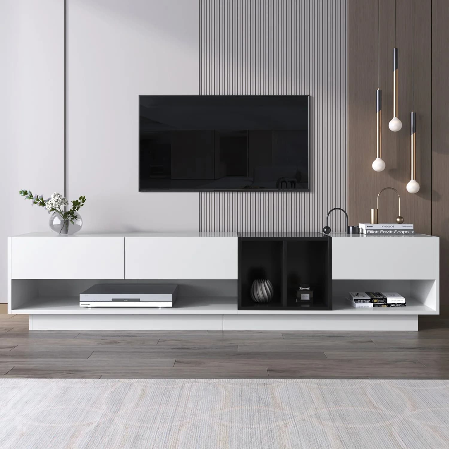 Meuble TV 190 cm grande capacité blanc, commode TV, meuble bas pour salon, meuble TV moderne haute brillance avec 3 tiroirs