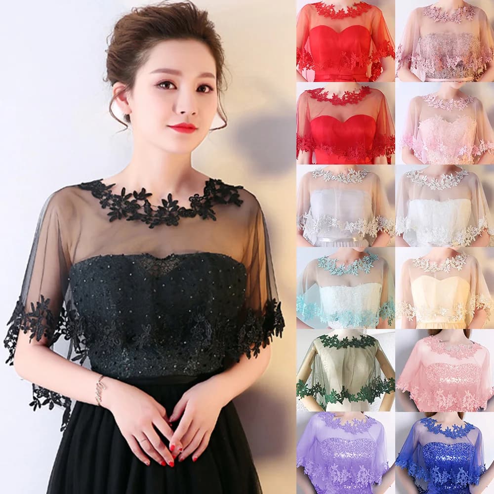 Cape de soirée en Tulle pour femmes, noire, col rond, solide, douce, élégante, formelle, transparente, Halloween, mariage, Cosplay, châle rouge