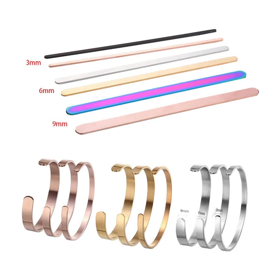 10 pièces/lot largeur 3/6/9mm 160mm 152mm longueur bricolage C manchette ouverte bracelet matériel miroir poli acier inoxydable Rectangle bandes