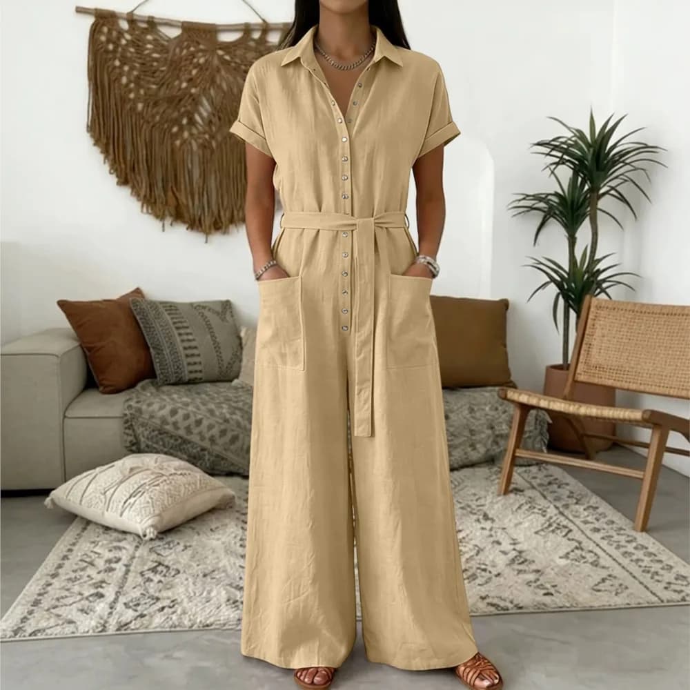 Nouvelle combinaison décontractée d'été à revers et manches courtes pour femme, avec poches, boutonnage simple, dentelle et jambes larges