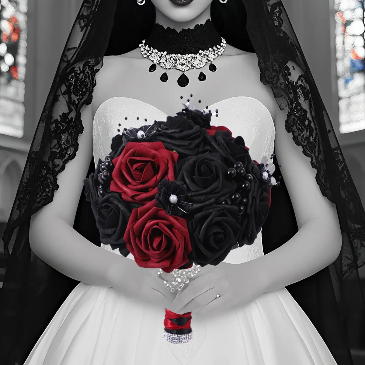 Yannew noir bordeaux gothique Bouquets de mariée pour mariée demoiselles d'honneur artificielle soie mousse Roses fleur Bouquet de mariage Halloween