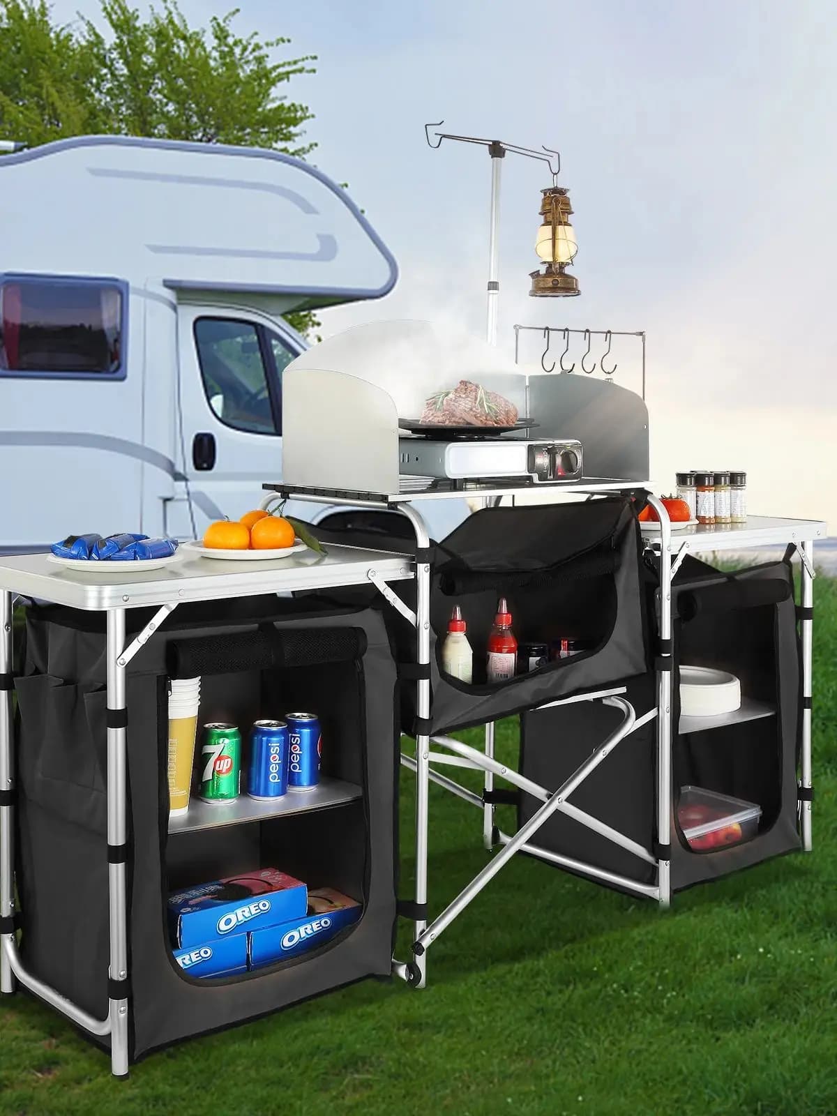SucceBuy Camping Table de cuisine extérieure armoire pliable support de rangement de cuisine support en alliage d'aluminium pour barbecue pique-nique