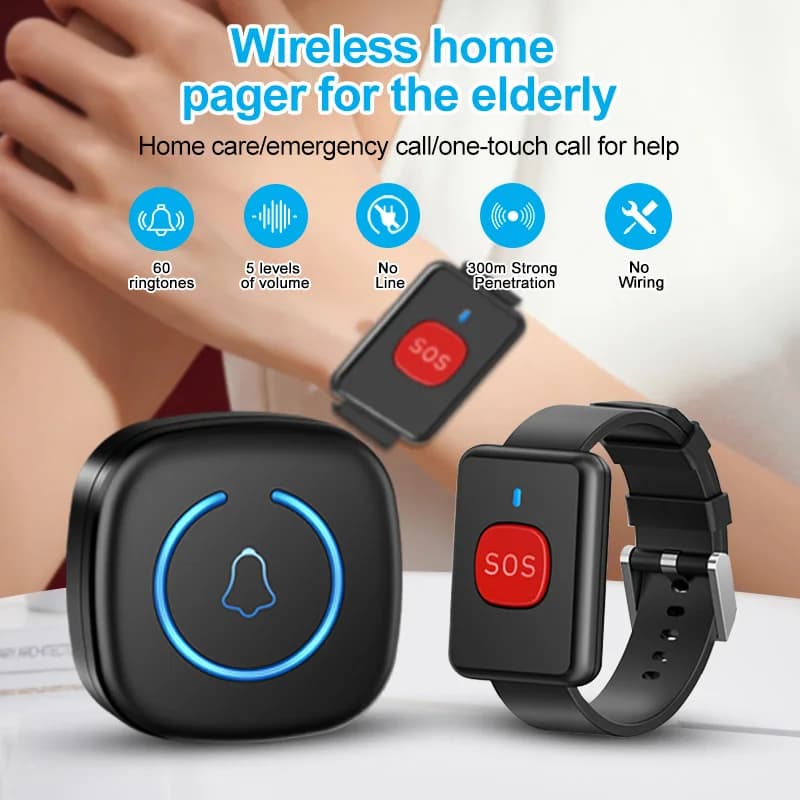 Bouton de montre sans fil, téléavertisseur d'urgence SOS, téléavertisseur paramédical, 60 chansons, bouton d'appel d'urgence pour enfants et