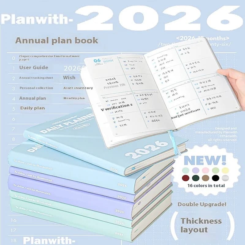 Planwith Agenda 2026 Planificateur annuel Plan de jour Semaine Carnet Plan mensuel Kawaii Calendrier Mémo Calendrier Livre Efficacité Chèque manuel
