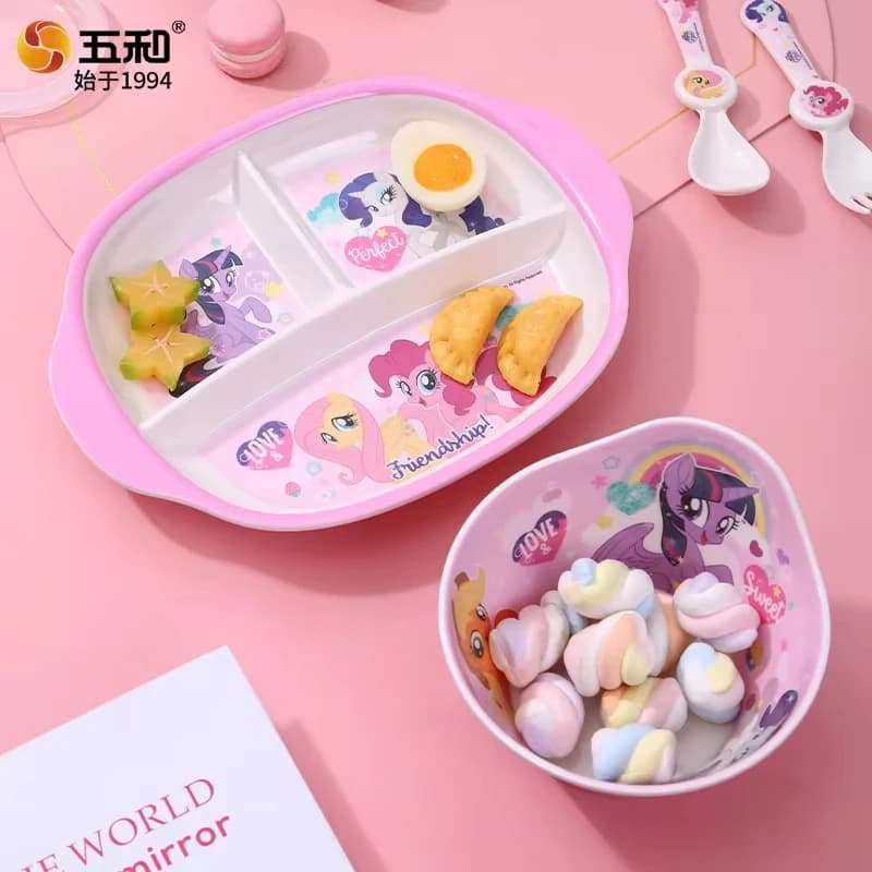WUHE My Little Pony Ensemble de vaisselle en mélamine pour enfants, bols et assiettes de dessin animé, sans BPA, incassable