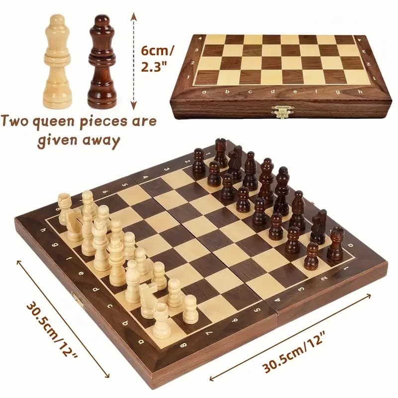 Échiquier magnétique de voyage en bois 30 cm/12 pouces - Avec 2 reines supplémentaires pour jeu familial