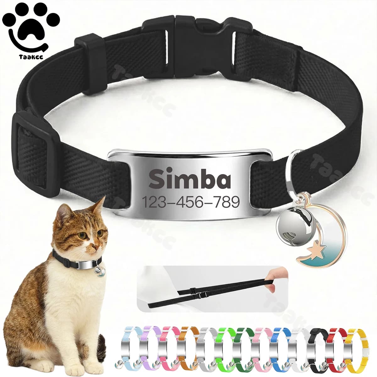 Collier élastique personnalisé pour chat, gravure gratuite, collier d'identification anti-perte pour chiot et chaton avec clochette et ornement lune