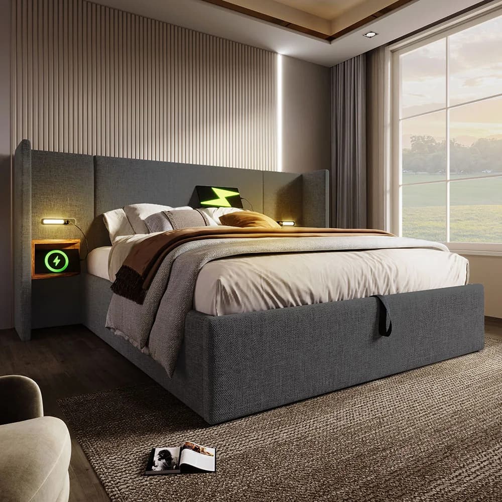 KOMHTOM Lit capitonné avec table de chevet, lampe de lecture et fonction de chargement USB Type-C, lin (sans matelas)