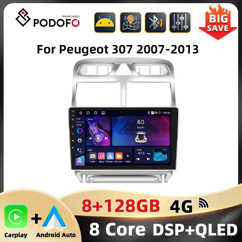PodoNuremberg-Autoradio 8 + 128G AI Voice pour KIT 307, 2007-2013, Lecteur de Limitation, Bluetooth, WIFI, 4G Carplay, Android