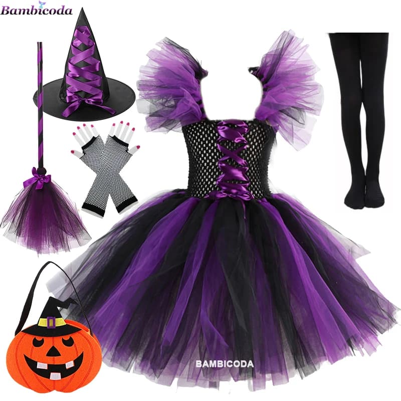 Déguisement Costume de sorcière pour filles Halloween Tutu robe au genou chapeau balai collants carnaval Cosplay tenue de fête robes pour filles
