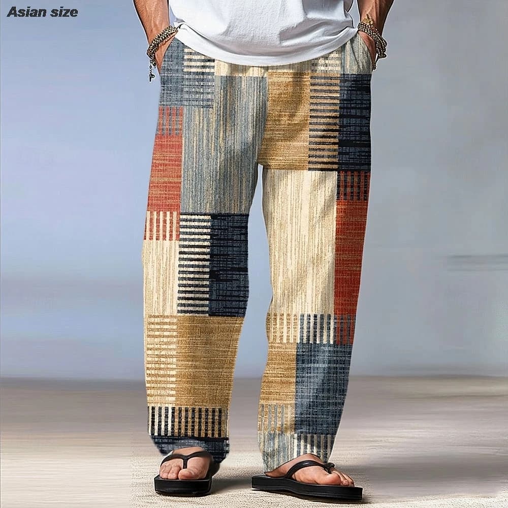 Printemps hommes géométrique couleur bloc Patchwork pantalon Baggy pantalon décontracté taille moyenne vacances élastique cordon taille pantalon