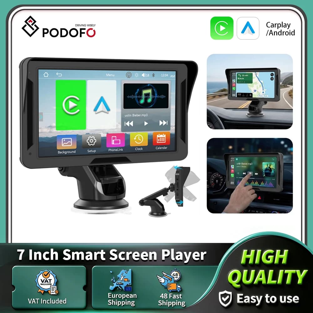 Podofo Autoradio portable 7 pouces CarPlay Android Auto Lecteur multimédia vidéo Écran tactile Bluetooth avec AUX USB Lecteur MP5