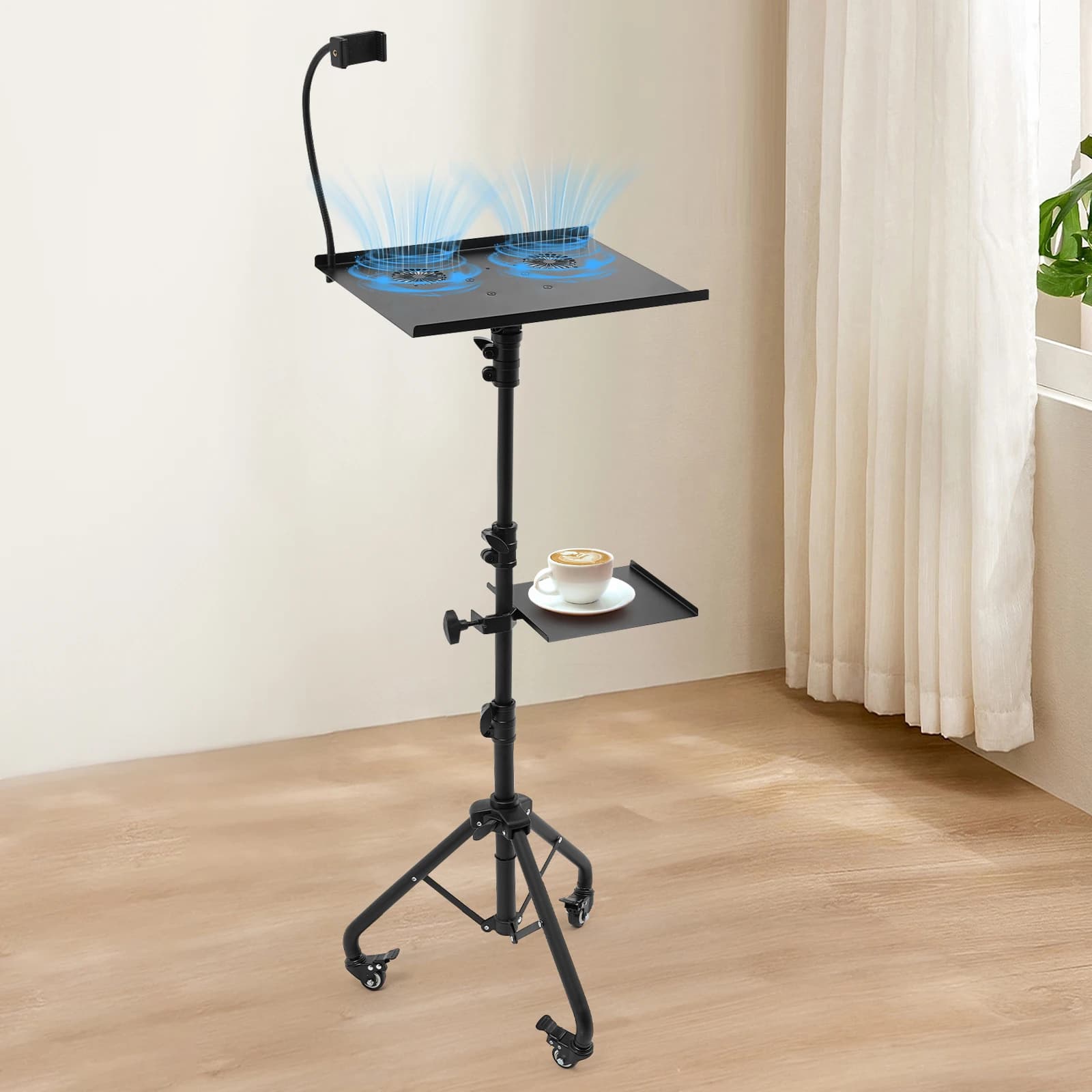 Support d'ordinateur portable réglable avec roulettes, support de sol pliable en trépied, hauteur 2,17-4,1 pieds, 180° °   Station de travail