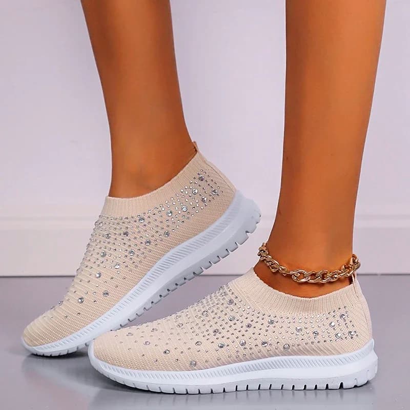 Chaussures plates en cristal brillant pour femmes, baskets blanches en maille respirante, grande taille, chaussures de sport à semelle souple pour