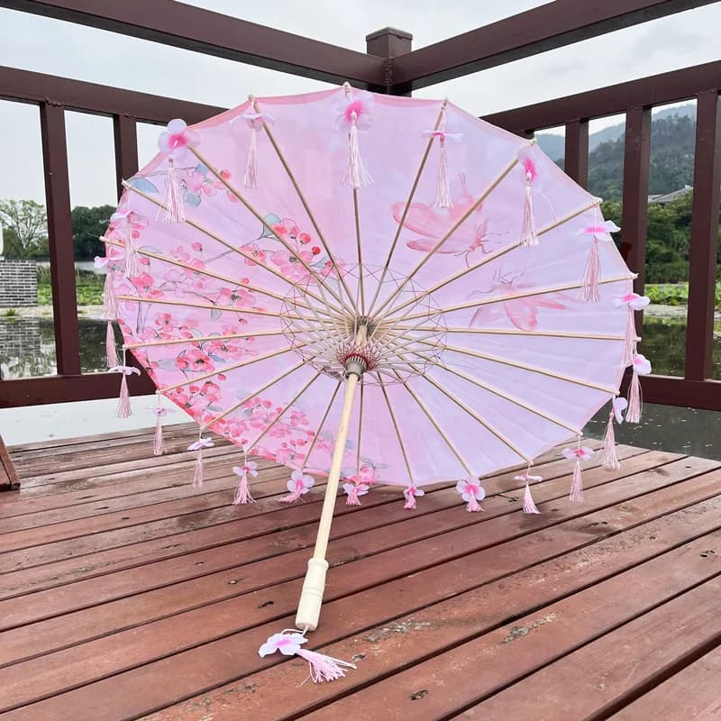 Parapluie imperméable à pampilles en tissu de soie, Costume ancien Hanfu chinois, parapluie de photographie, parapluie classique en papier à