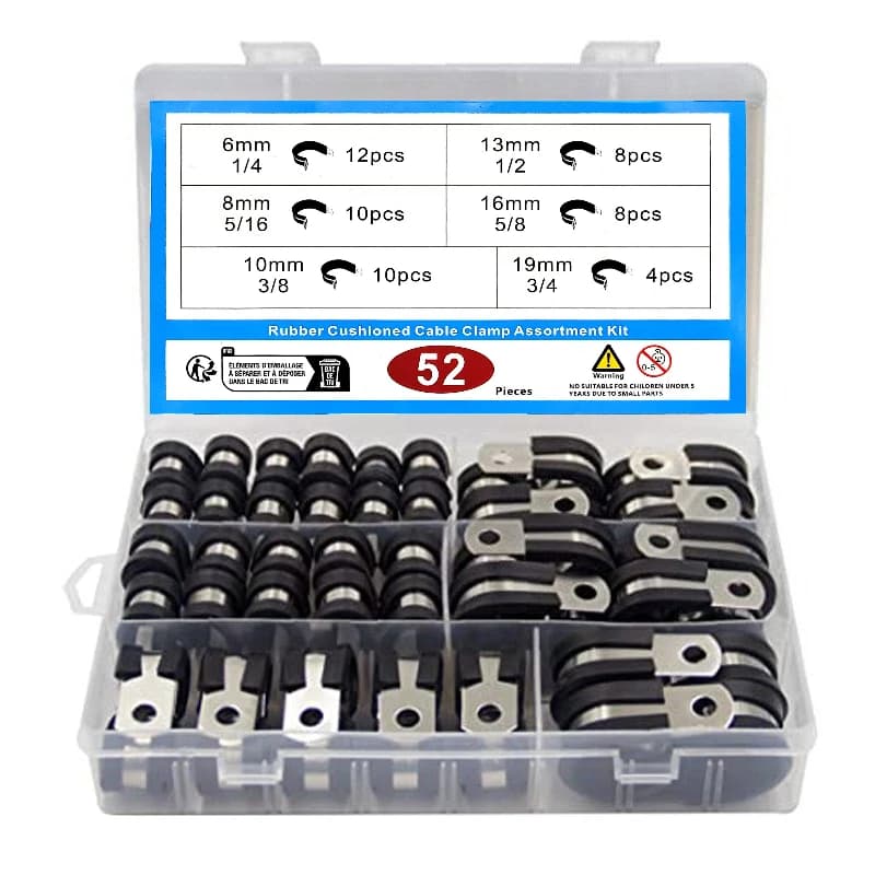 Kit d'assortiment de serre-câbles 52 pièces, colliers de serrage à coussin en caoutchouc en acier inoxydable assortis en 6 tailles