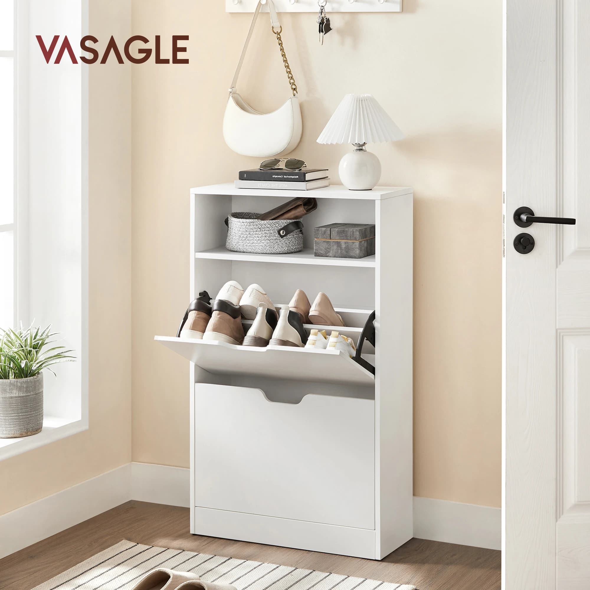 VASAGLE Meuble à Chaussures 2 Portes Battantes, Étagère à Chaussures, Compartiment Ouvert, Séparateur Réglable, 8 à 12 Paires, pour Petite