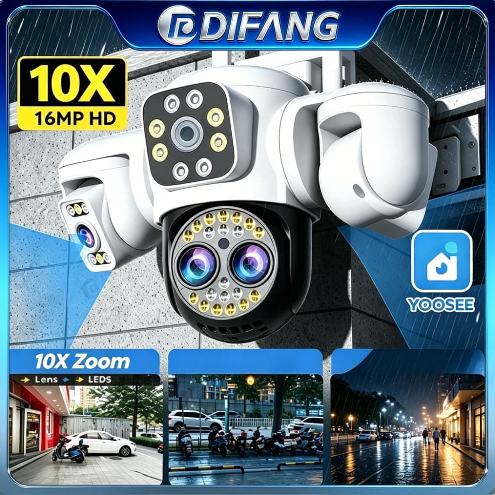 Caméra extérieure Yoosee à triple écran et quatre objectifs, zoom optique 10X, suivi automatique IA, ONVIF, étanche, protection de sécurité