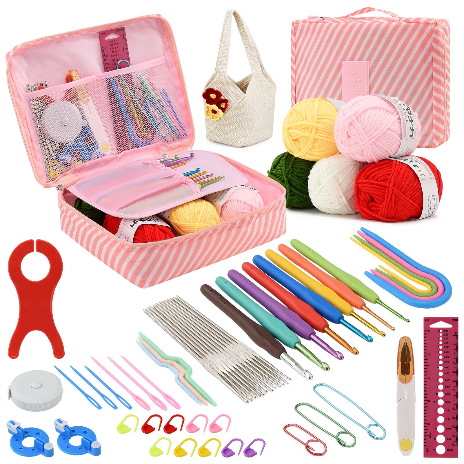 Kit d'outils de crochet DIY, comprenant du fil, des crochets, des kits de tricot, des sacs de rangement, des kits de crochet pratiques (8 modèles