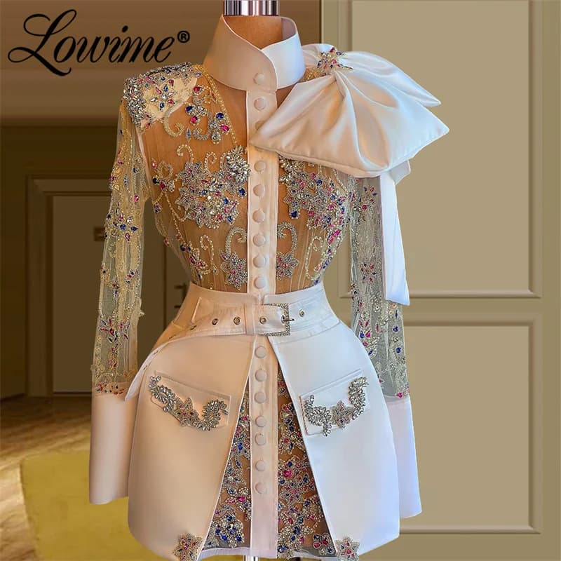 Robe De Cocktail moderne, deux pièces, manches longues, cristaux perlés, courte, robe De soirée, ivoire, 2022