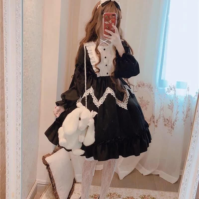 Robe Japonaise Lolita Douce pour Femme, Manches sulf, Dentelle, Gothique, Kawaii, Victorienne, Tea Party, Bol, Cosplay, Noir