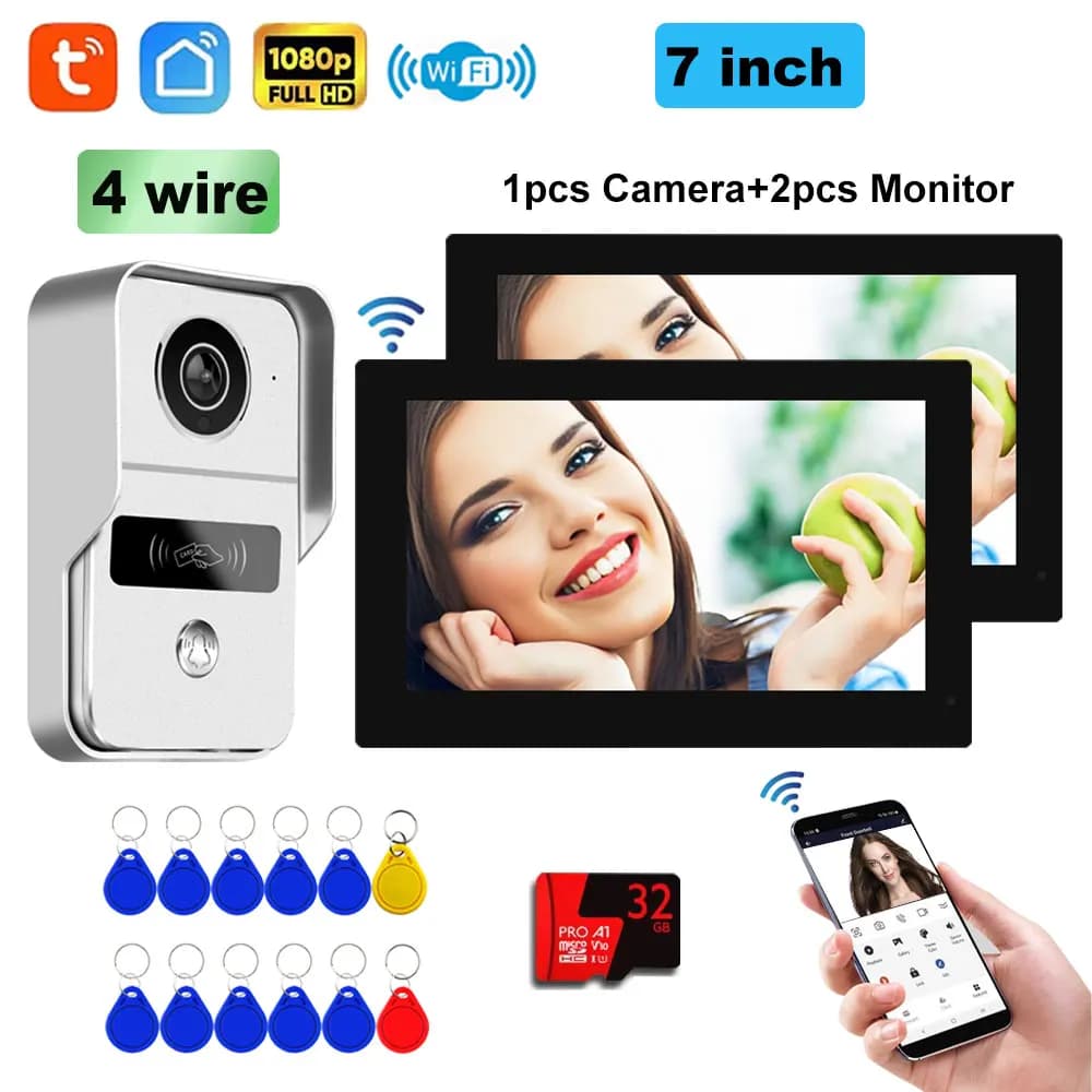 Système de sonnette vidéo avec écran tactile LCD, interphone vidéo, contrôle d'accès, caméra de déverrouillage RFID, Tuya, Wi-Fi, 1080P, 7