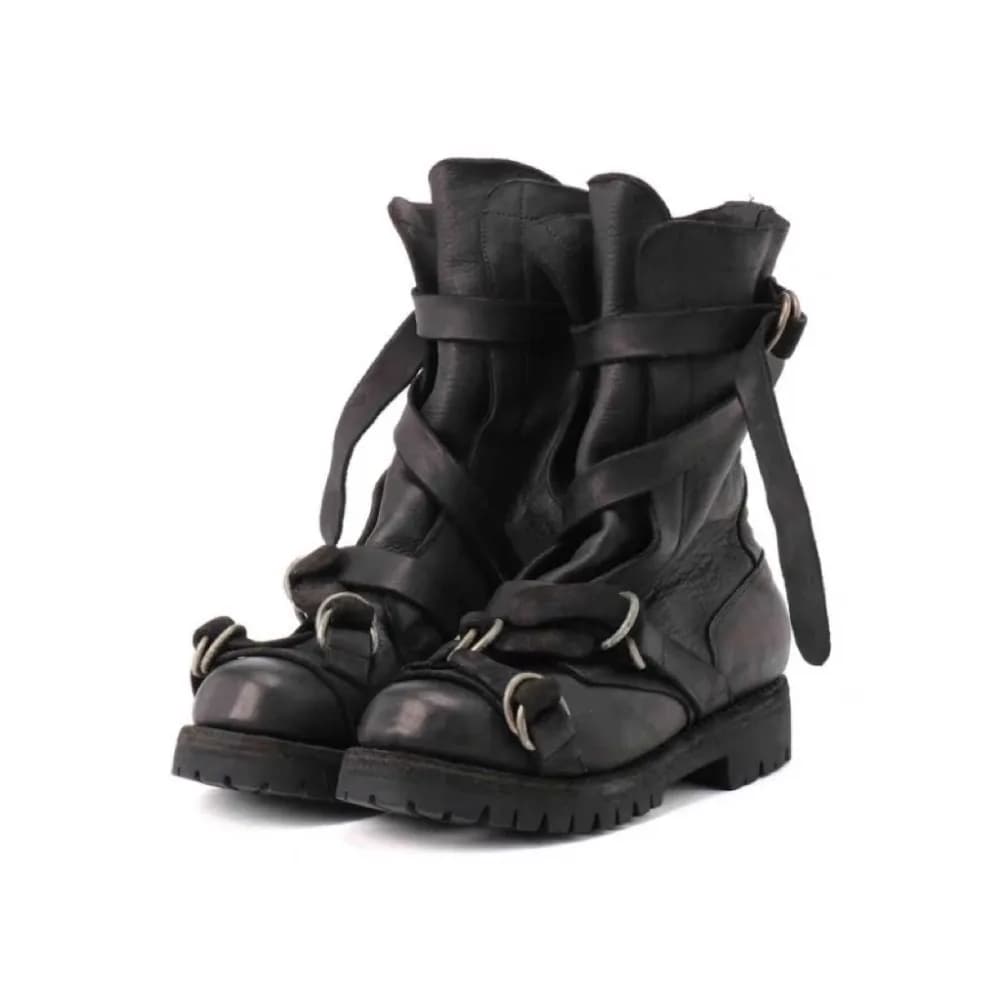 Bottes de moto en cuir pour hommes, Punk rétro, semelles épaisses, mi-mollet, bottes de chevalier noires, sangle à boucle de ceinture souple,