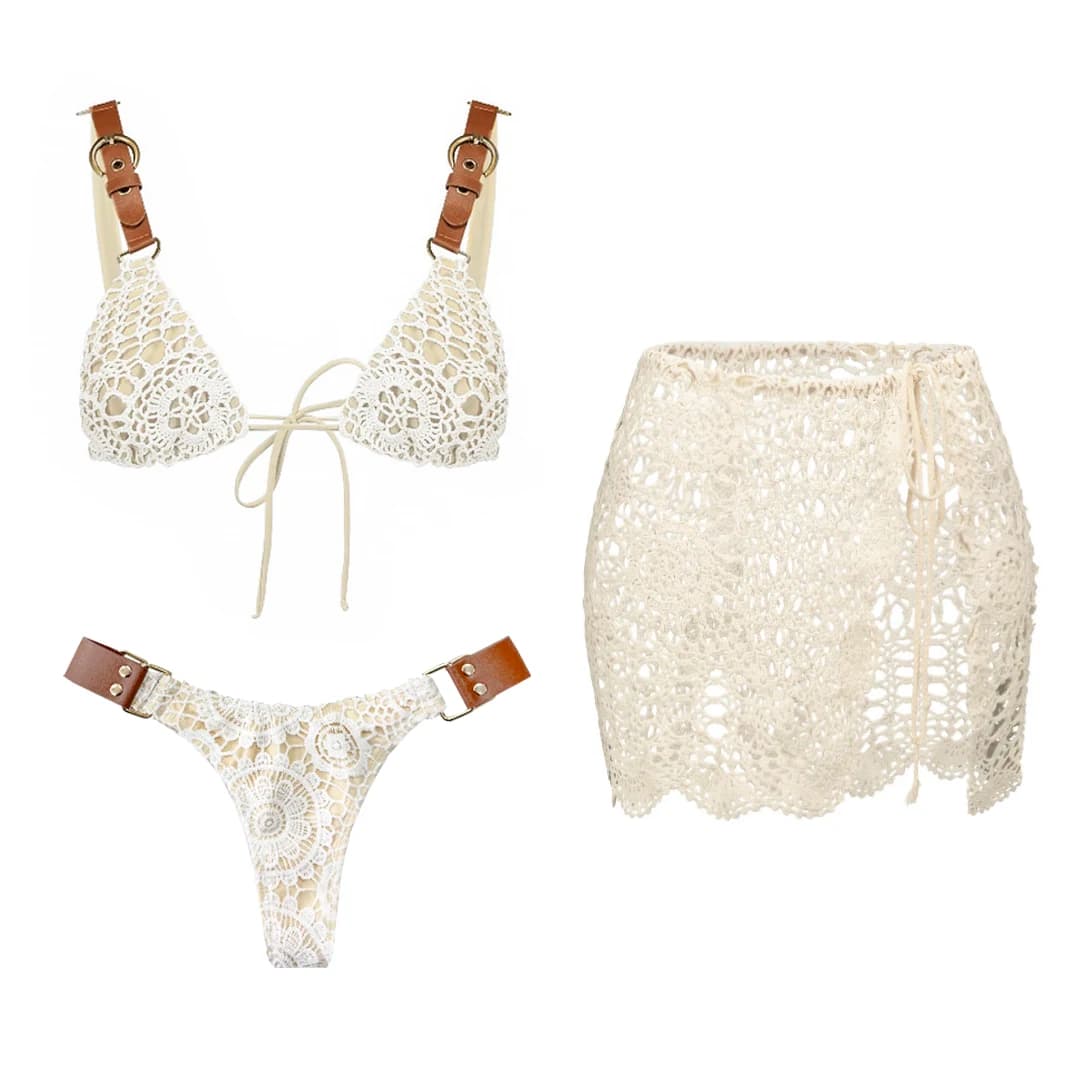 Ensemble de bikini en crochet blanc 3 pièces, maillot de bain sexy pour femmes, maillot de bain push-up, bikini brésilien, jupe de plage, micro