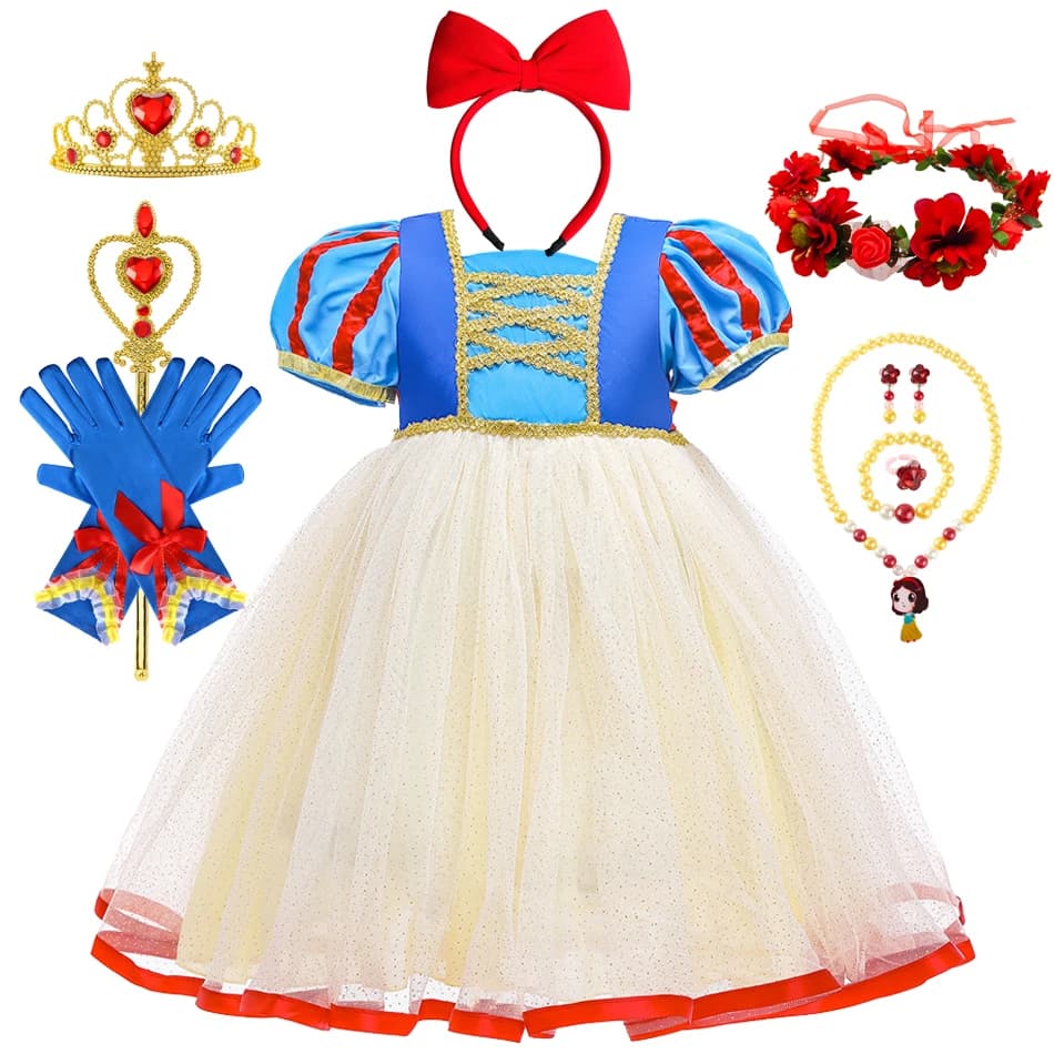 Robe d'été Blanche-Neige pour filles, robe de princesse en tulle respirante à manches bouffantes, robe de soirée sur le thème de Blanche-Neige,