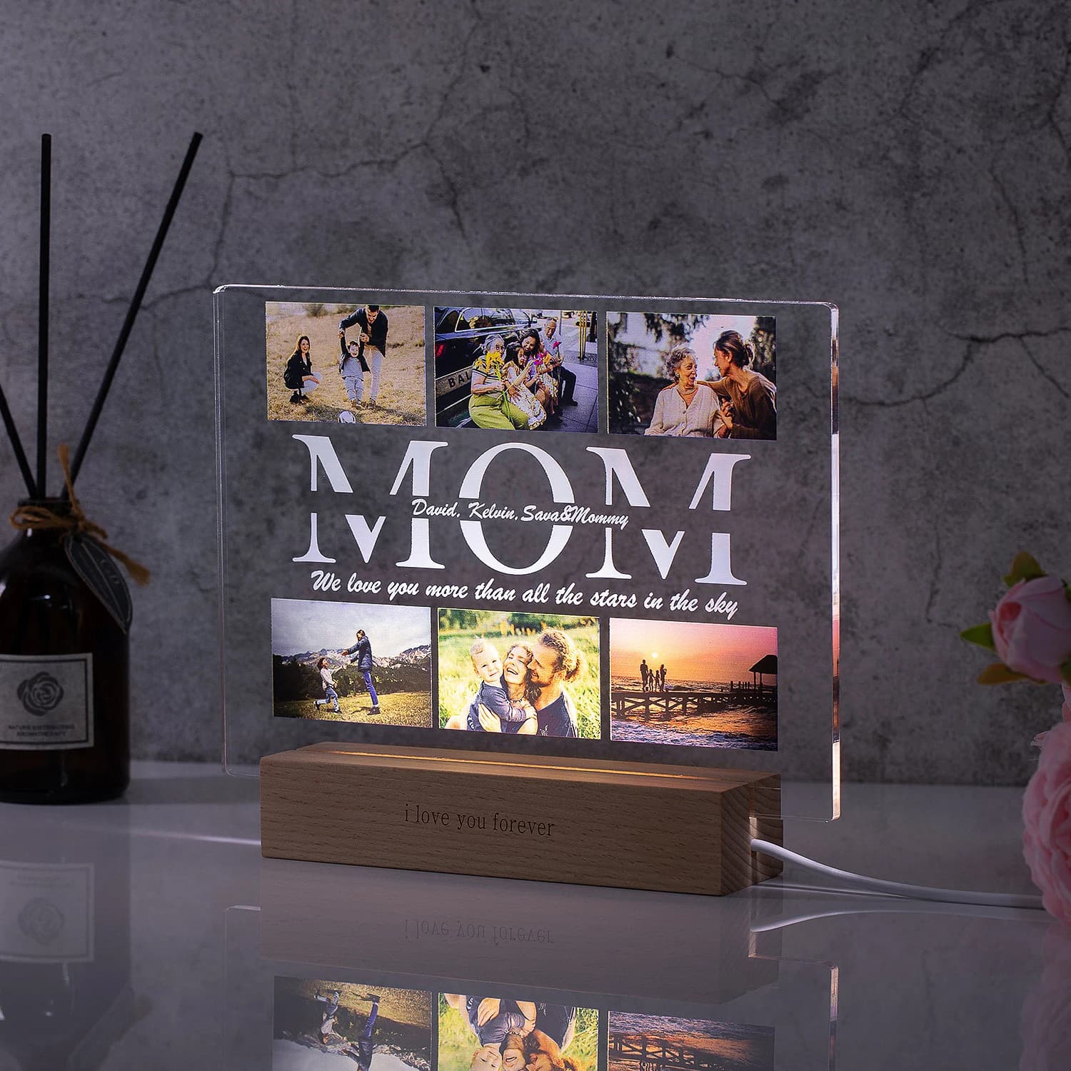 Lampe acrylique 3D personnalisée avec photo et texte, veilleuse personnalisée pour chambre à coucher, maman, papa, amour, famille, anniversaire,