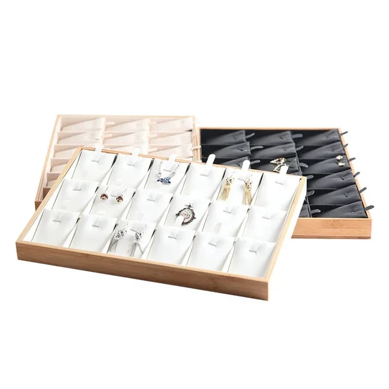 Plateau de pendentif de bijoux en bambou PU, rangement de colliers, organisateur de bijoux, support de plateau, vitrine pour tiroir 18 grilles