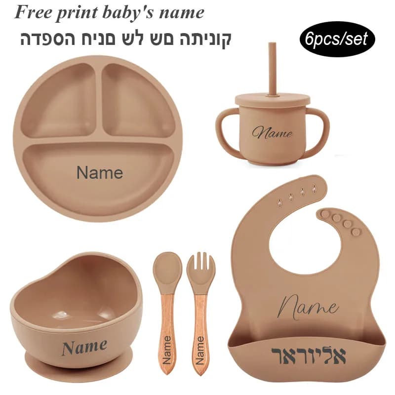 Ensemble d'alimentation pour bébé, 6 pièces, nom personnalisé gratuit, vaisselle en Silicone pour enfants, ventouse, tasse, bol, assiette, cadeau