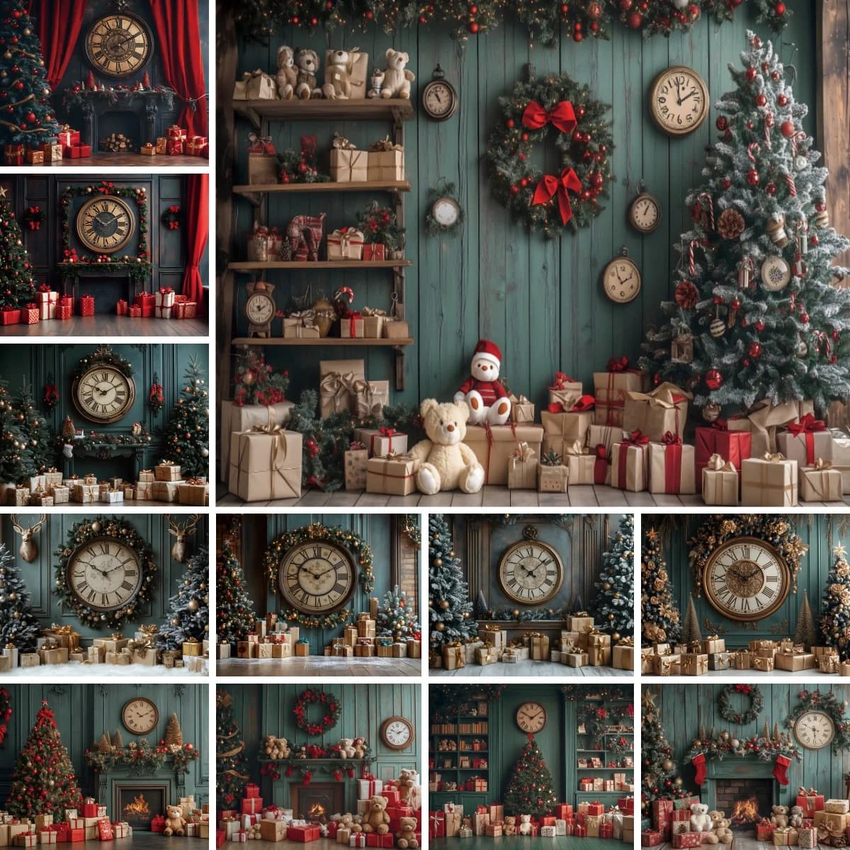 Fond de photographie de Noël avec grande horloge, armoire verte, cheminée, sapins de Noël, cadeaux, enfants, famille, décoration de Noël pour la