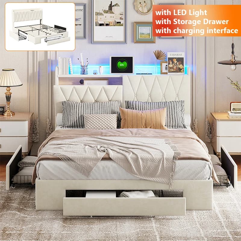 Cadre de lit double Anajqaqia, 140x200cm 160x200cm, avec éclairage LED, avec tiroir de rangement, sans matelas