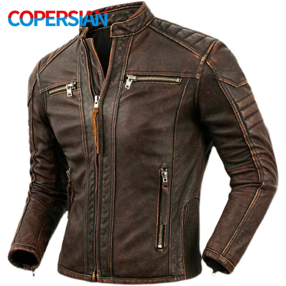 Veste de moto à col montant en cuir de vachette naturel pour hommes, vêtements de motard, marron rétro, première couche, cuir de veau